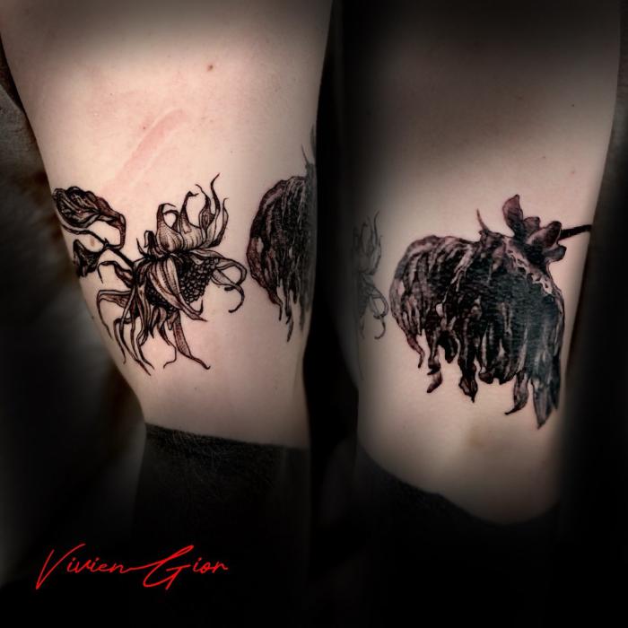  realistic tattoo in realism of sunflowers dying looking downwards