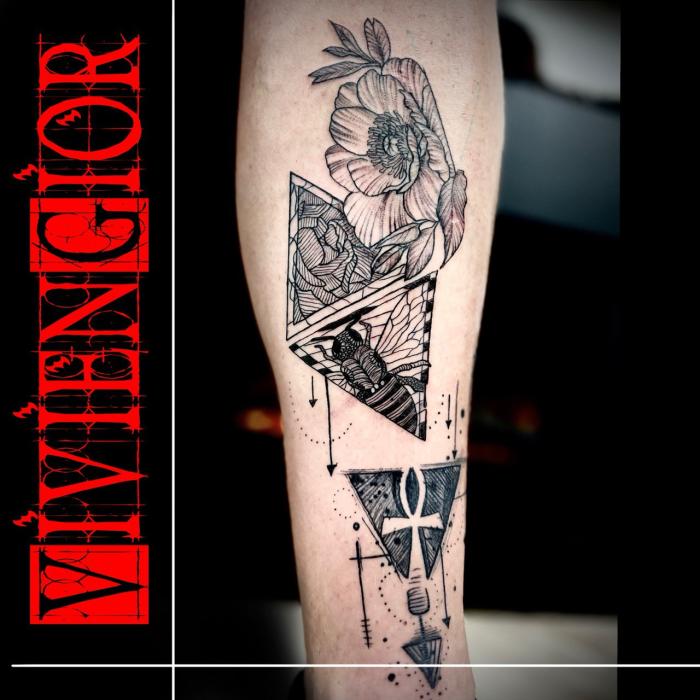  realistic tattoo of flower looking at the mirror and a bee sitting under  the flower with some arrows pointing downwards