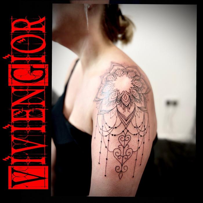 realistic tattoo of a beautiful flower with a links tied to it with a fence of hearts hanging down from it