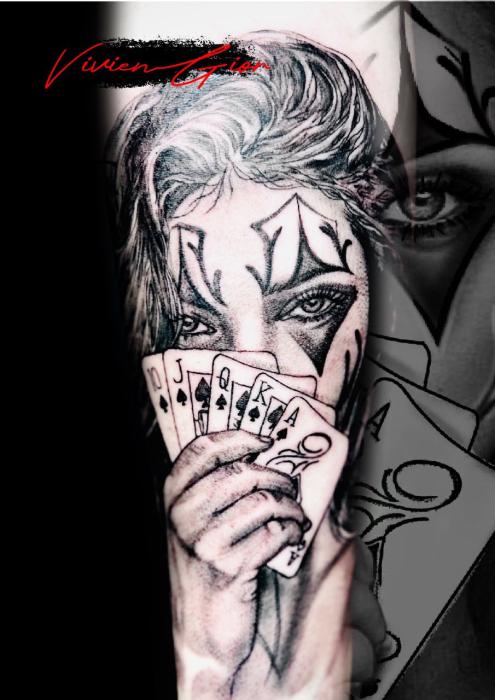  realistic tattoo of a woman playing poker revealing her cards while looking wery satisfied 