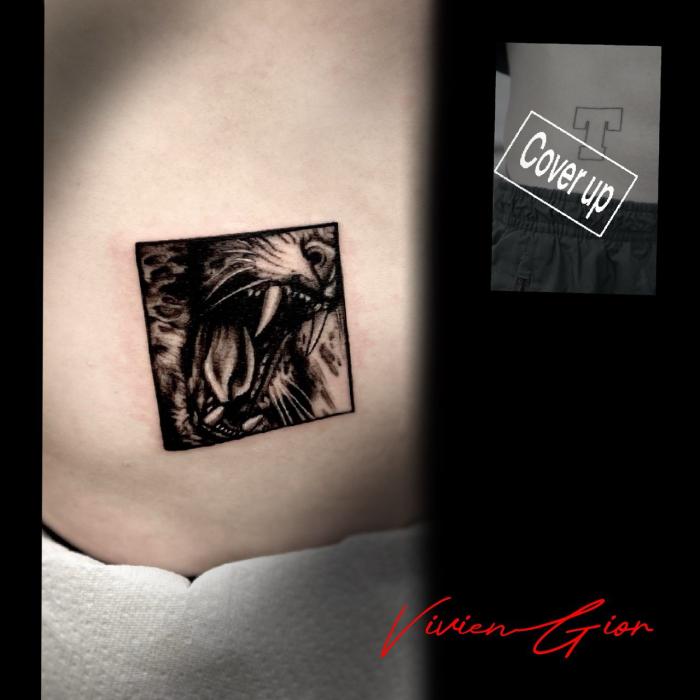  realistic realism tattoo of lion on belly that covers up bad tattoo