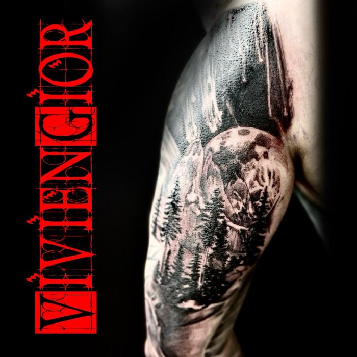  realistic realism tattoo of forest with rising moon over horizon and mountain on hand
