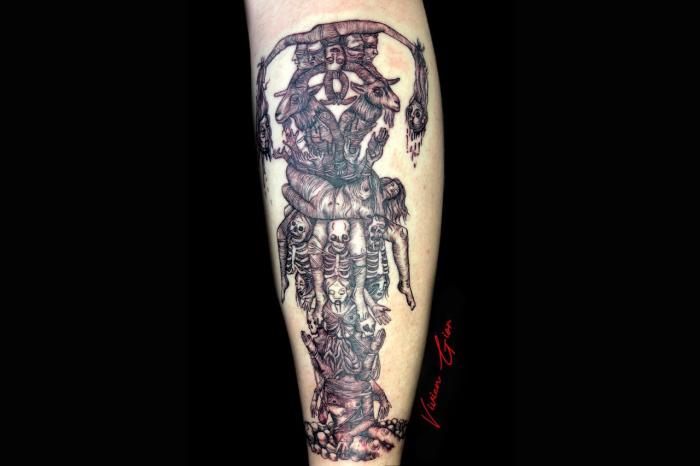  realistic tattoo of a bodies of people and animals stacked up in unhloy way to form a structure with human heads hangin down from sides
